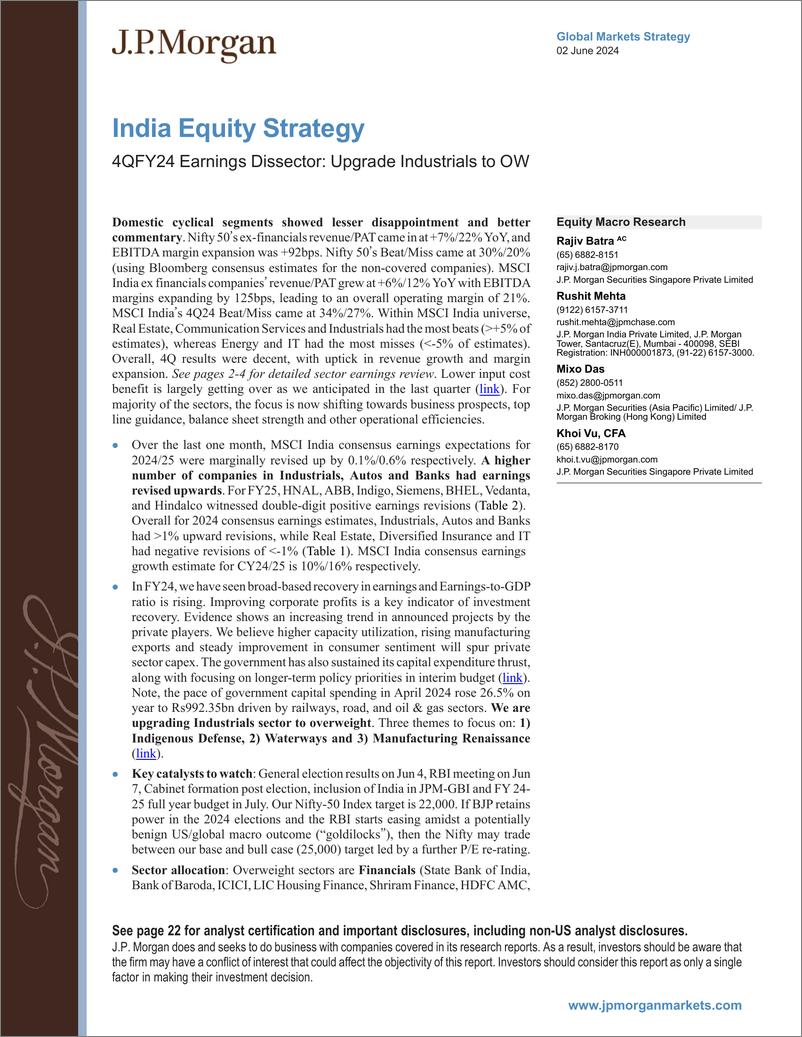 《JPMorgan-India Equity Strategy 4QFY24 Earnings Dissector Upgrade Ind...-108509438》 - 第1页预览图