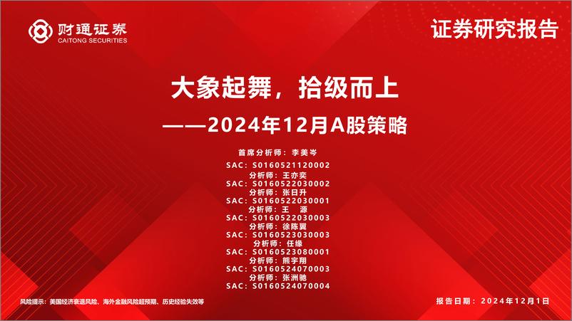 《2024年12月A股策略：大象起舞，拾级而上-241201-财通证券-47页》 - 第1页预览图