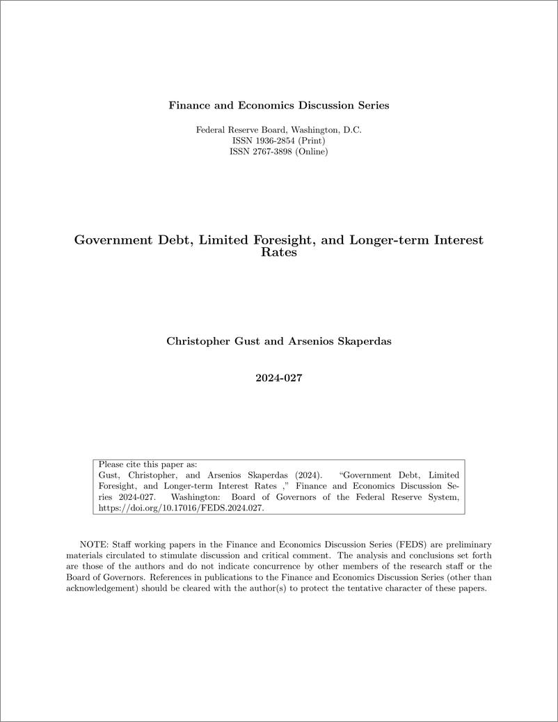 《美联储-政府债务、有限的远见和长期利率（英）-2024.4-14页》 - 第1页预览图