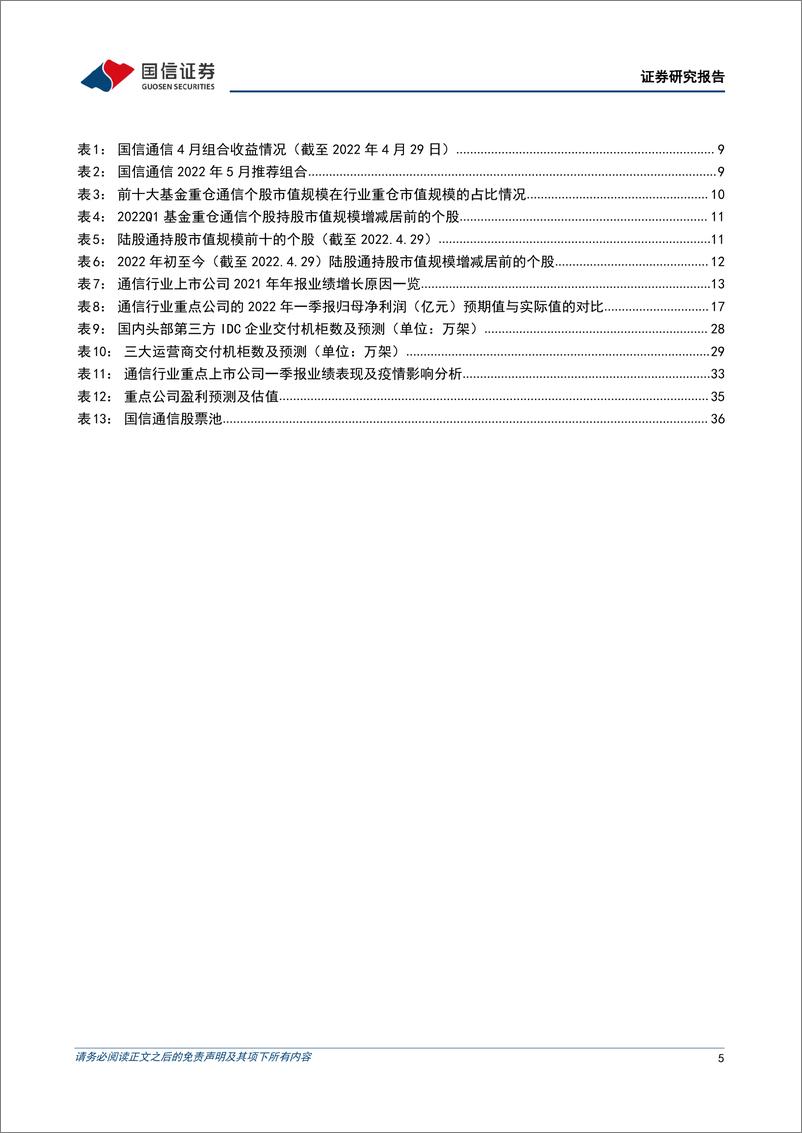 《通信行业2022年5月投资策略暨财报总结：通信板块估值筑底，全面看多行业投资机会-20220504-国信证券-38页》 - 第6页预览图