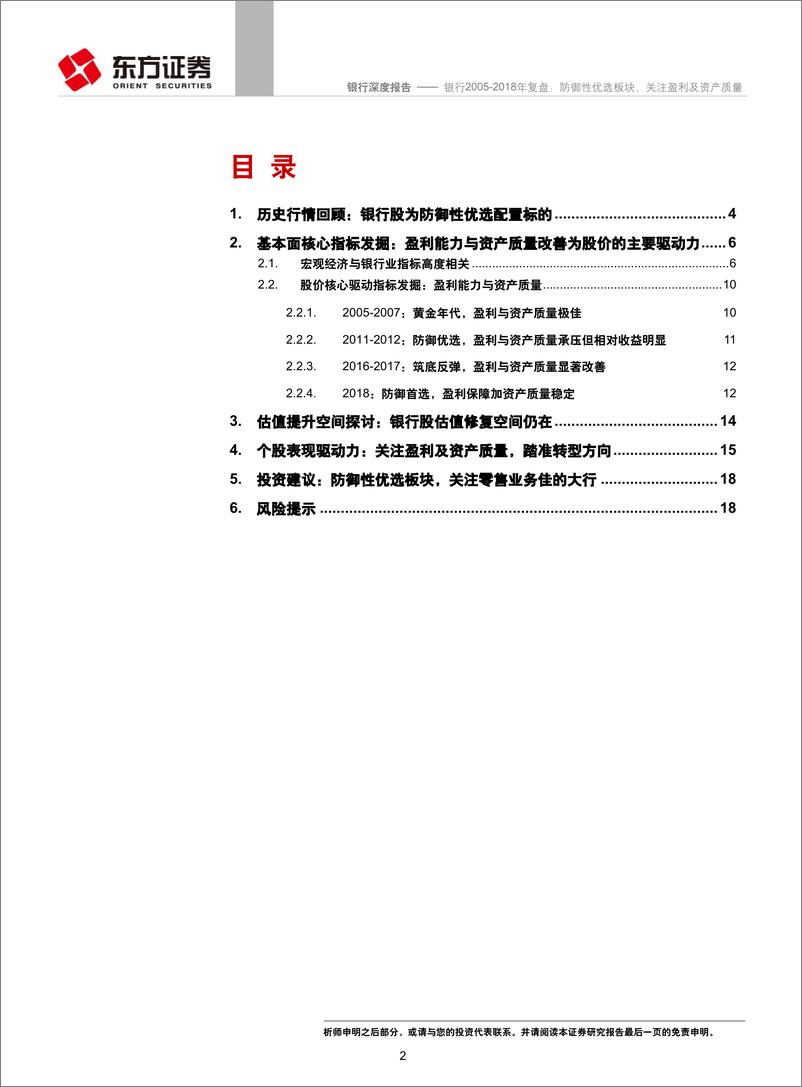 《银行行业：银行2005年~2018年复盘，防御性优选板块，关注盈利及资产质量-20190121-东方证券-20页》 - 第3页预览图