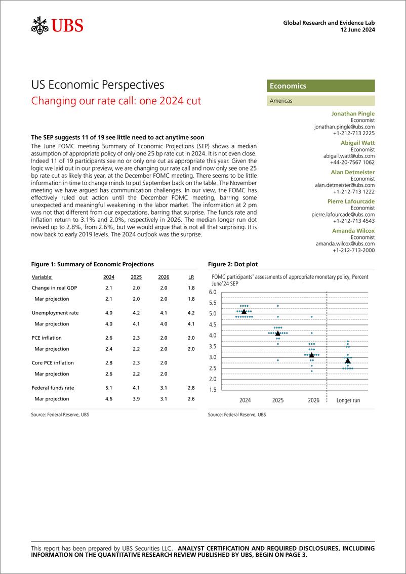 《UBS Economics-US Economic Perspectives _Changing our rate call one 2024 c...-108682043》 - 第1页预览图