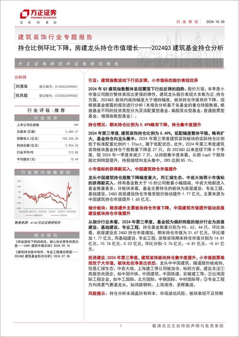 《建筑装饰行业专题报告-2024Q3建筑基金持仓分析：持仓比例环比下降，房建龙头持仓市值增长-241030-方正证券-25页》 - 第1页预览图