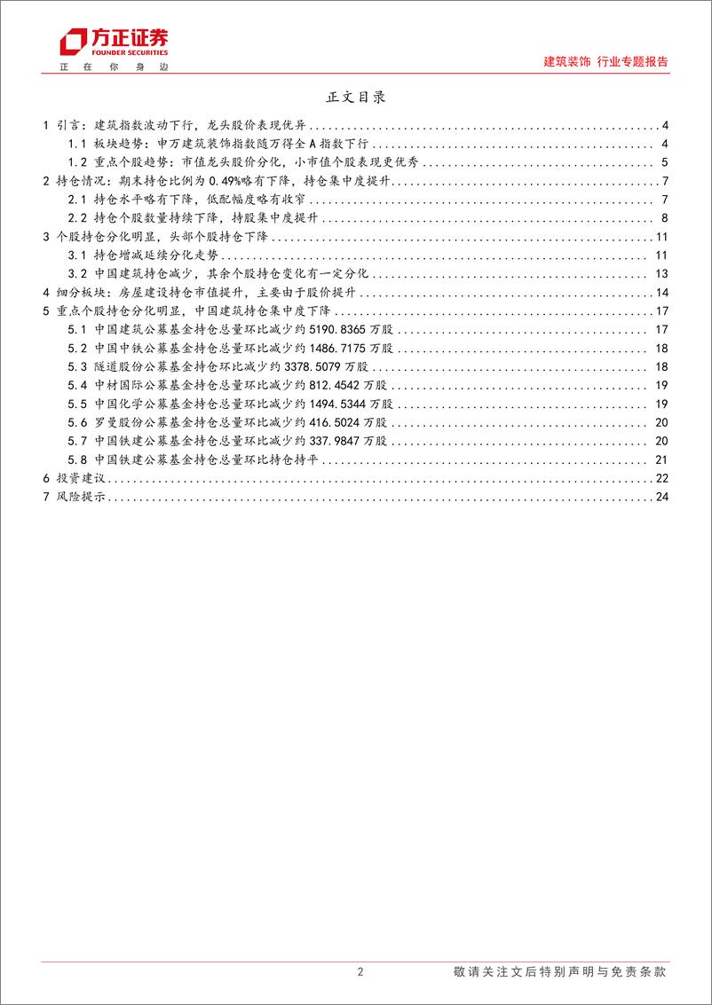 《建筑装饰行业专题报告-2024Q3建筑基金持仓分析：持仓比例环比下降，房建龙头持仓市值增长-241030-方正证券-25页》 - 第2页预览图