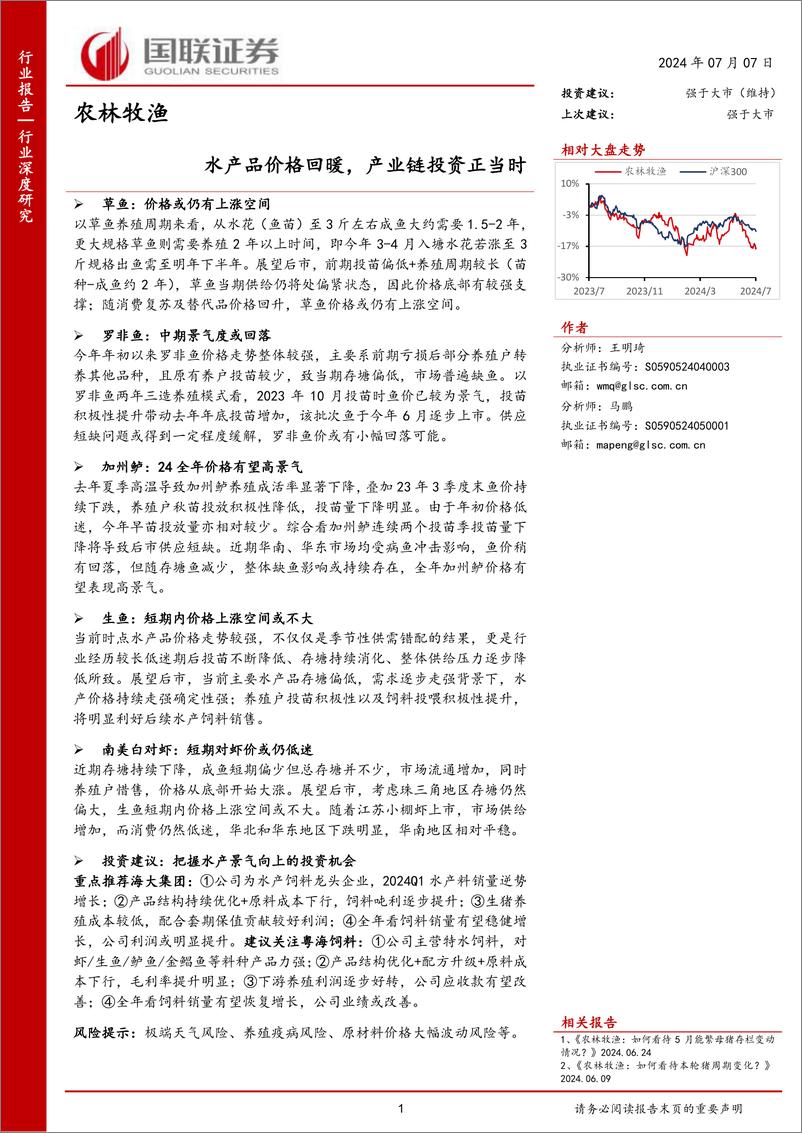 《农林牧渔行业：水产品价格回暖，产业链投资正当时-240707-国联证券-26页》 - 第1页预览图