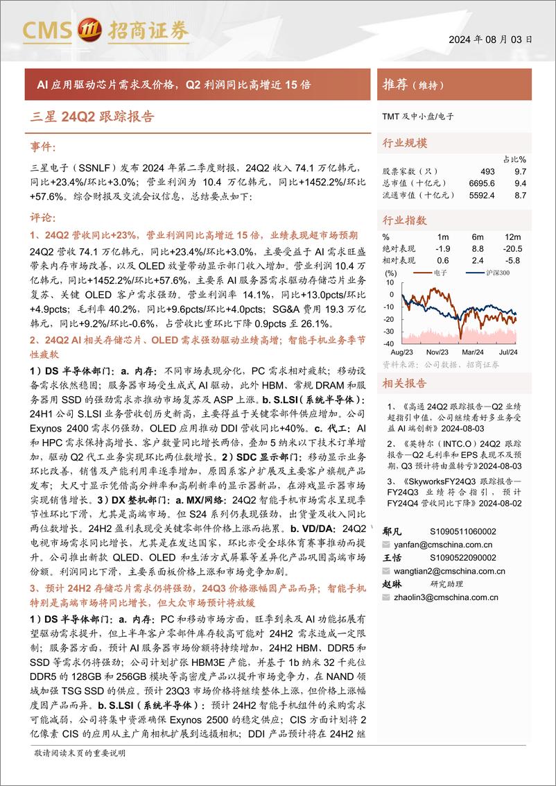 《电子行业三星24Q2跟踪报告：三星24Q2跟踪报告AI应用驱动芯片需求及价格，Q2利润同比高增近15倍-240803-招商证券-12页》 - 第1页预览图