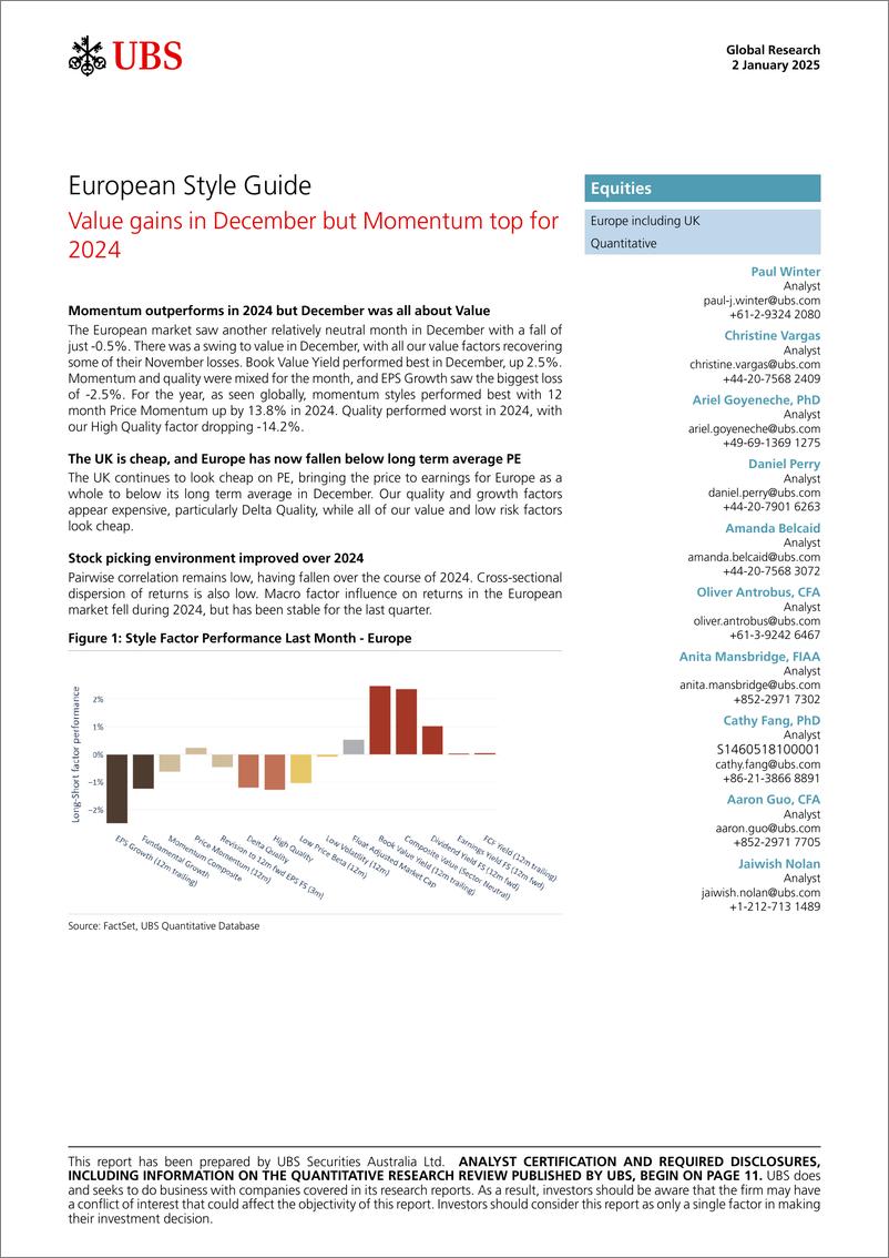 《UBS Equities-European Style Guide _Value gains in December but Momentum t...-112568681》 - 第1页预览图