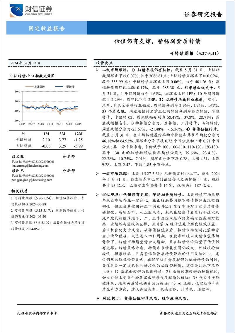 《可转债：估值仍有支撑，警惕弱资质转债-240603-财信证券-10页》 - 第1页预览图