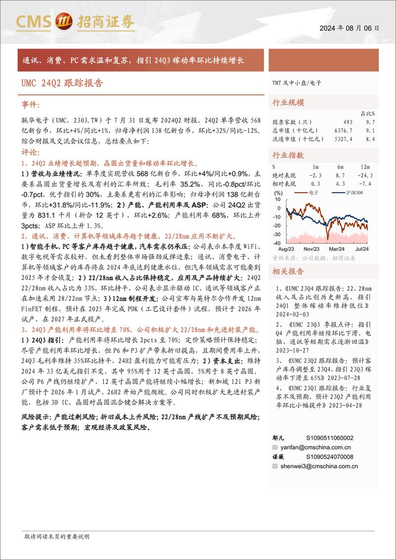 《电子行业UMC＋24Q2跟踪报告：通讯、消费、PC需求温和复苏，指引24Q3稼动率环比持续增长-240806-招商证券-10页》 - 第1页预览图