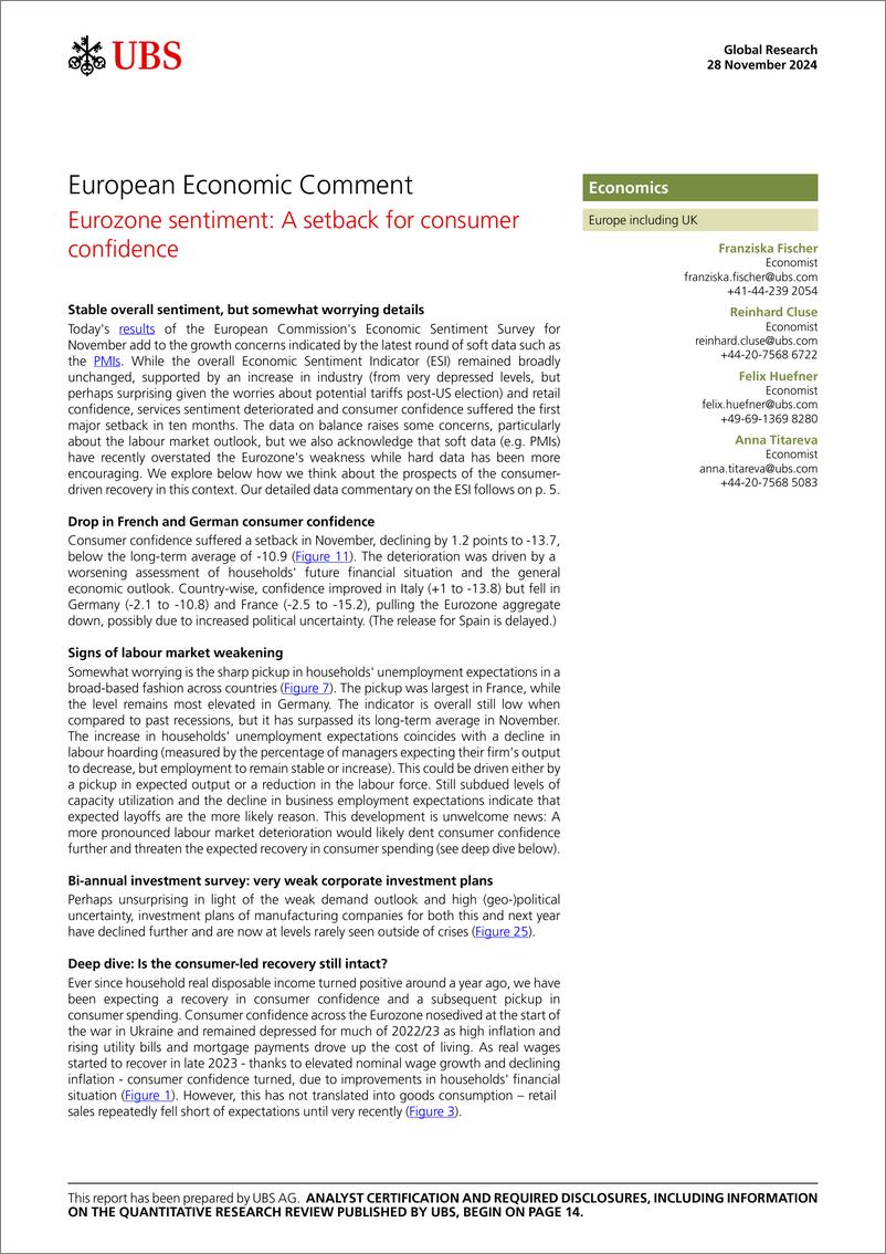 《UBS Economics-European Economic Comment _Eurozone sentiment A setback for...-111875238》 - 第1页预览图