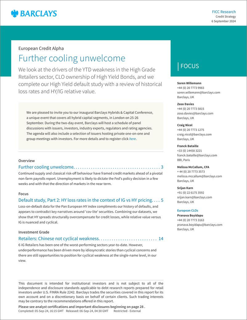 《Barclays_European_Credit_Alpha_Further_cooling_unwelcome》 - 第1页预览图