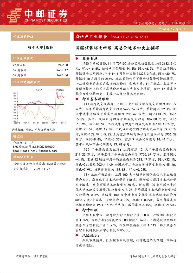 《房地产行业报告：百强销售环比回落，高总价地多由央企摘得-241202-中邮证券-11页》 - 第1页预览图