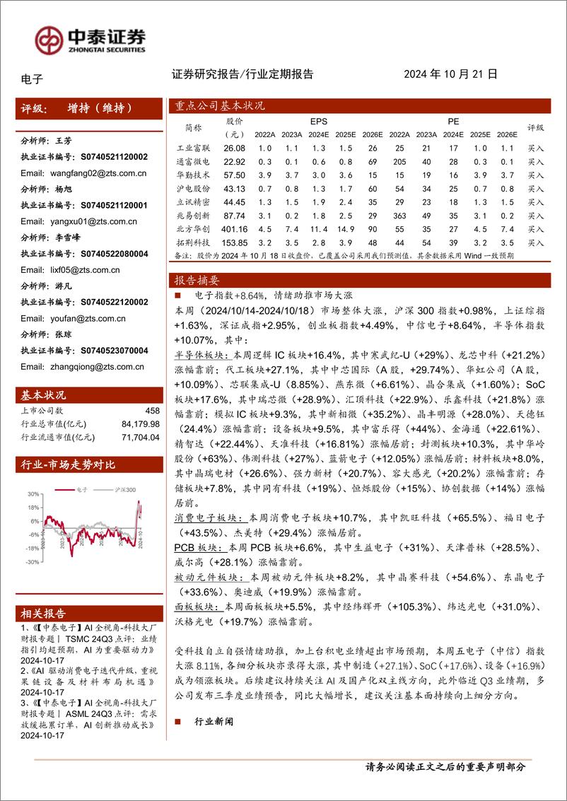 《电子行业：情绪助推板块集体大涨，Q3业绩披露期关注高增方向-241021-中泰证券-14页》 - 第1页预览图