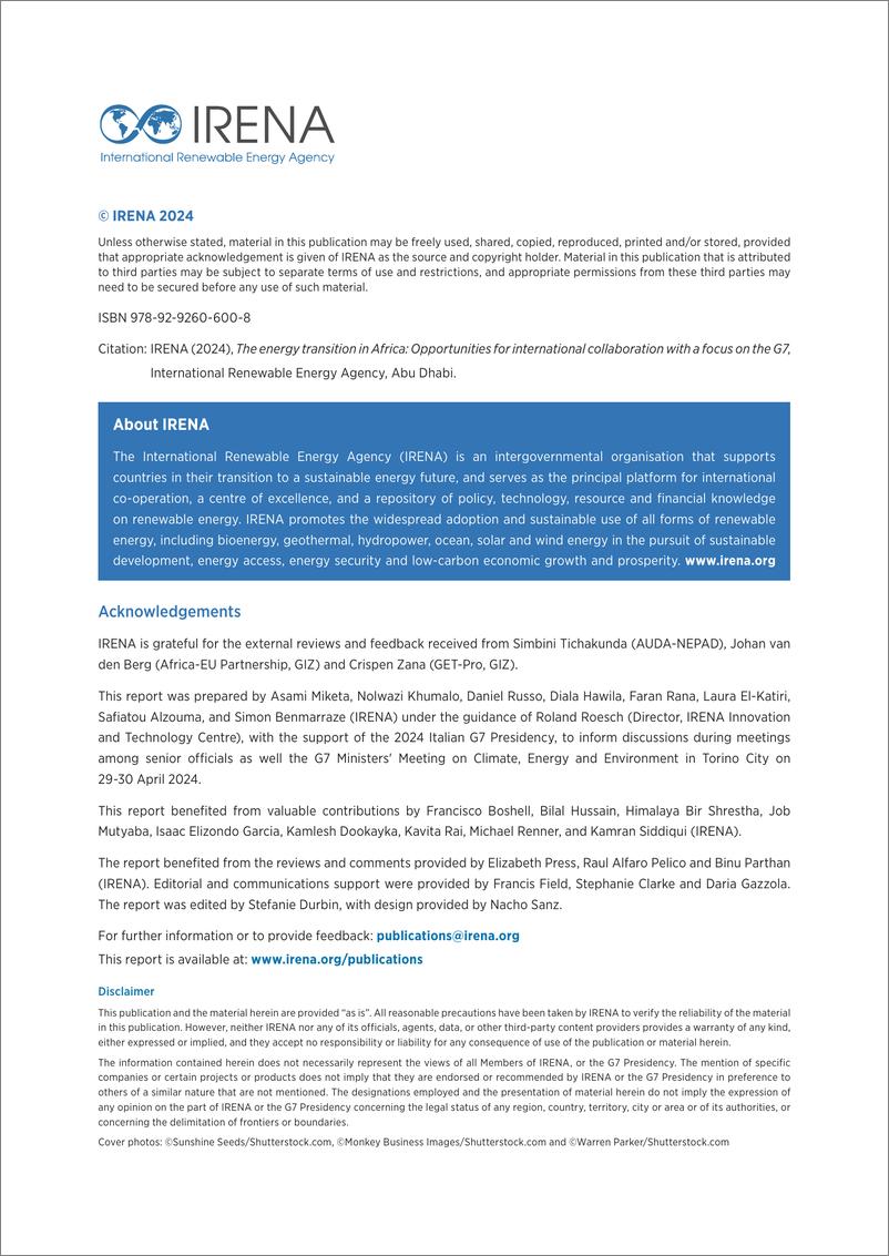 《IRENA-非洲的能源转型：以七国集团为重点的国际合作机会（英）-2024-44页》 - 第2页预览图