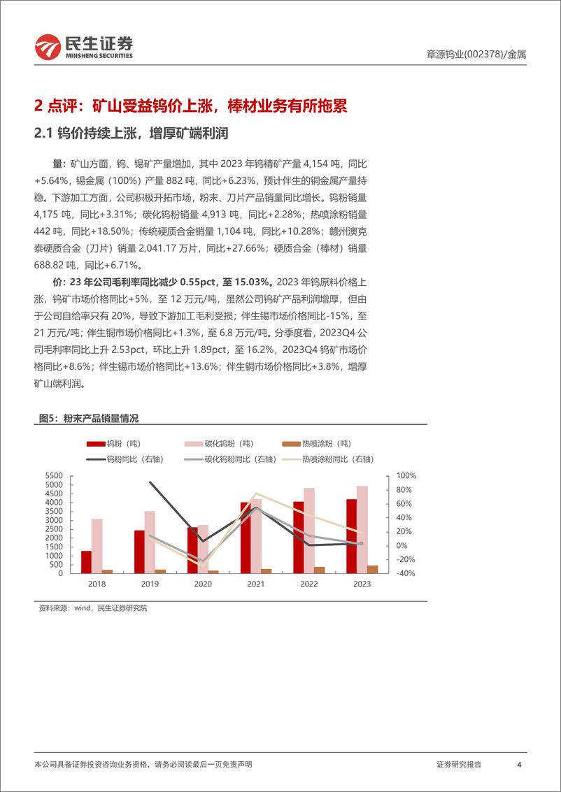 《章源钨业-002378.SZ-2023年年报点评：矿山受益钨价上涨，期待刀具业务持续放量-20240429-民生证券-14页》 - 第4页预览图