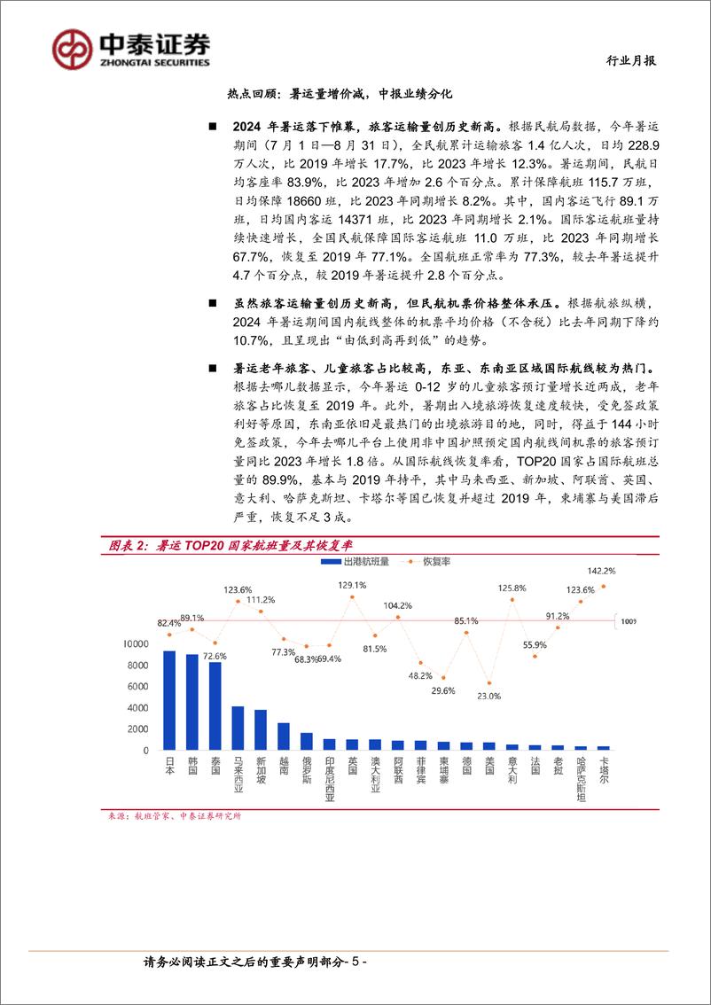 《航空机场行业9月投资策略：经营分化逐步显现，民营航司小而不凡-240907-中泰证券-18页》 - 第5页预览图