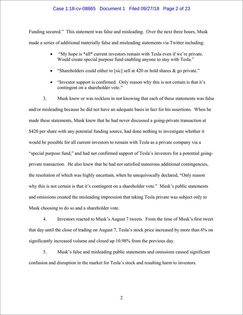 《美国证券交易委员会起诉特斯拉-起诉书全文（英文版）-2019.3-23页》 - 第3页预览图