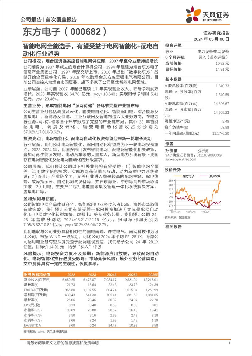 《天风证券-东方电子-000682-智能电网全能选手，有望受益于电网智能化＋配电自动化行业趋势》 - 第1页预览图