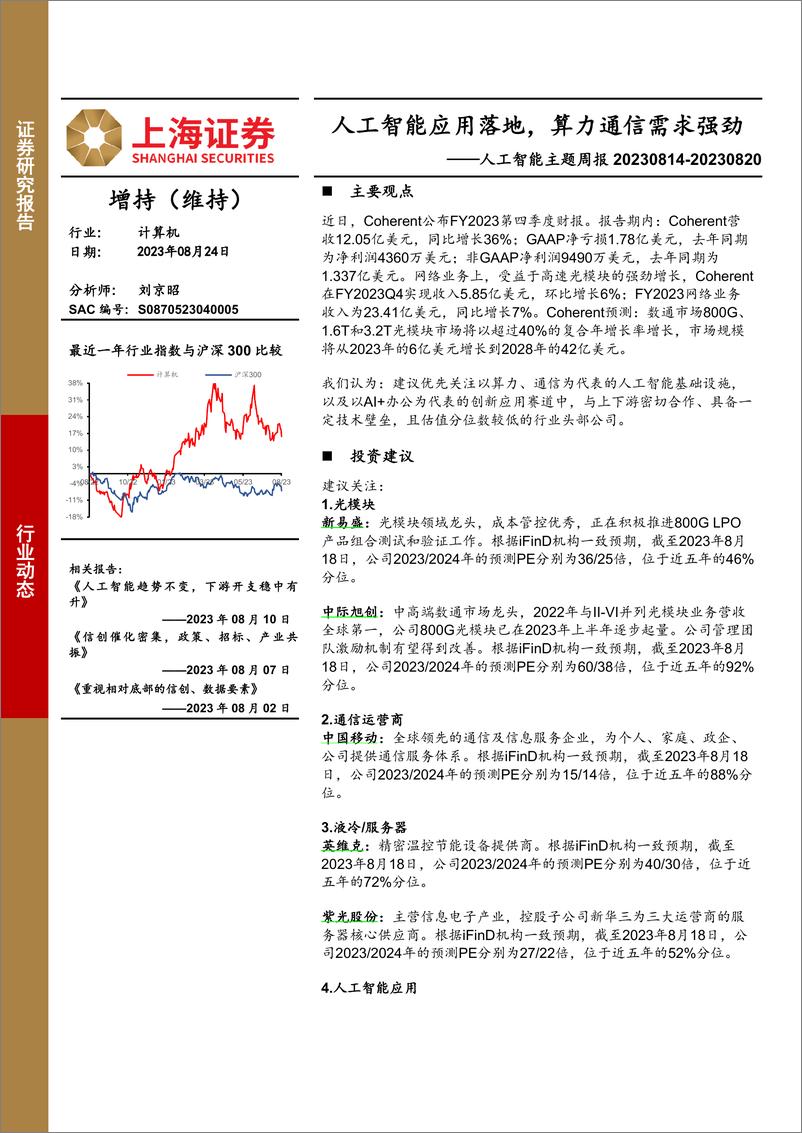 《2023-08-24-信息技术-人工智能主题周报：人工智能应用落地，算力通信需求强劲-上海证券》 - 第1页预览图