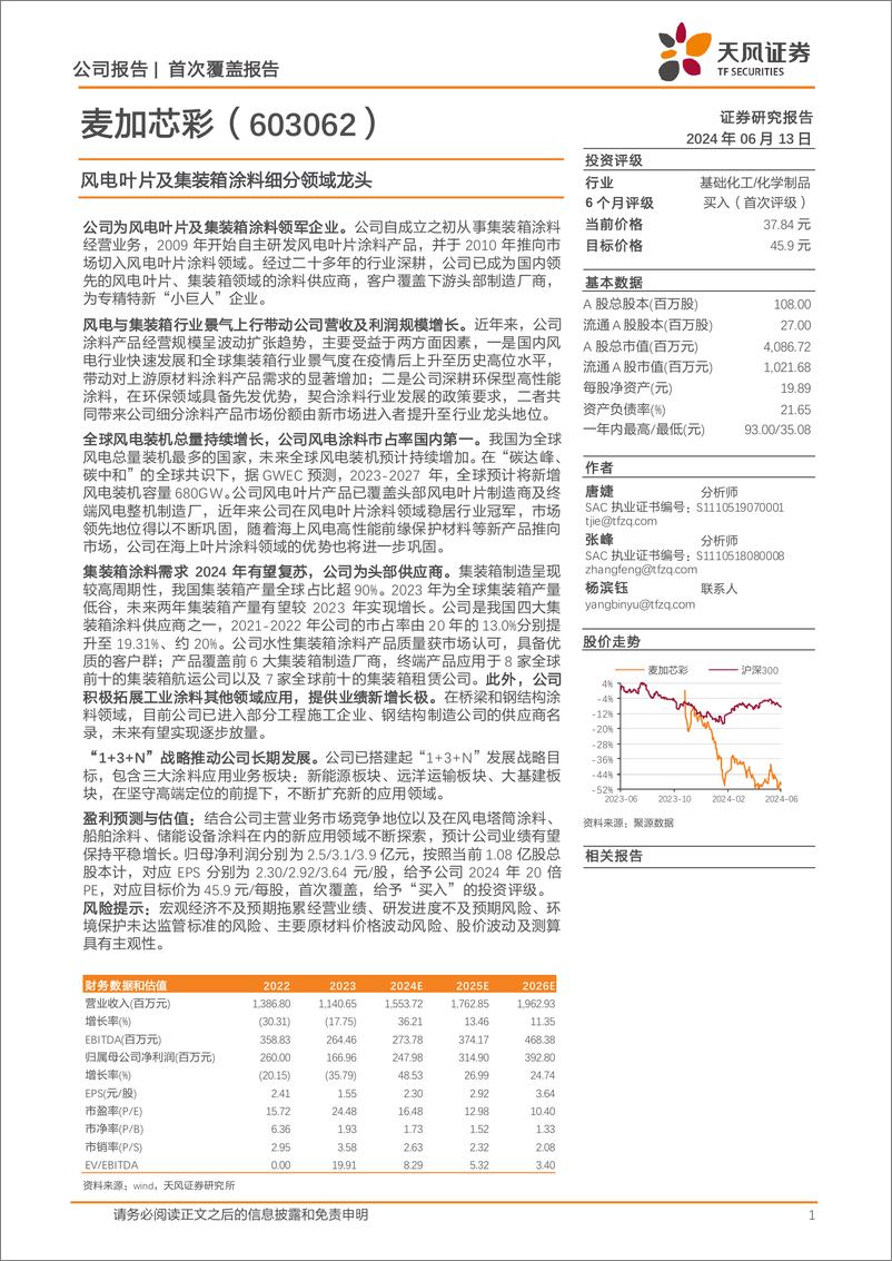 《天风证券-麦加芯彩-603062-风电叶片及集装箱涂料细分领域龙头》 - 第1页预览图