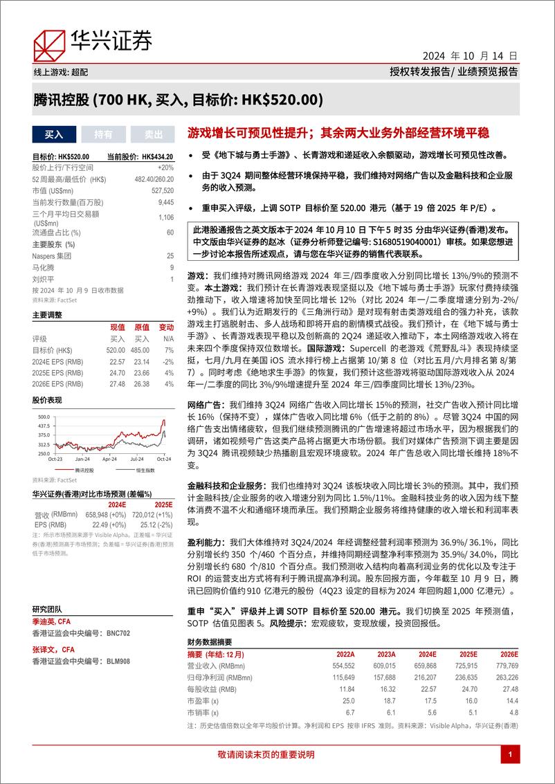 《腾讯控股(0700.HK)游戏增长可预见性提升；其余两大业务外部经营环境平稳-241014-华兴证券-11页》 - 第1页预览图