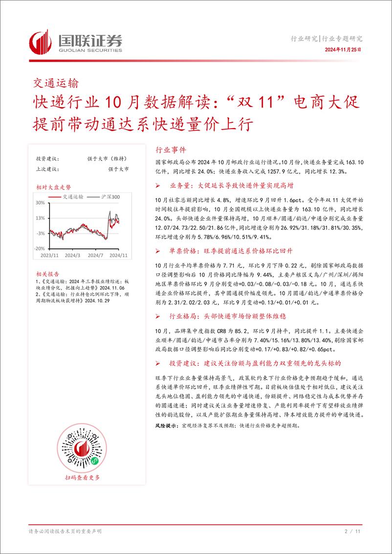 《快递行业10月数据解读：“双11”电商大促提前带动通达系快递量价上行-241125-国联证券-12页》 - 第3页预览图