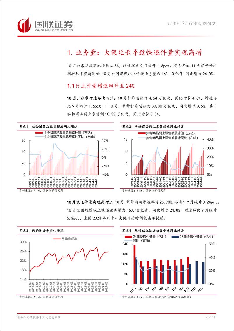 《快递行业10月数据解读：“双11”电商大促提前带动通达系快递量价上行-241125-国联证券-12页》 - 第5页预览图