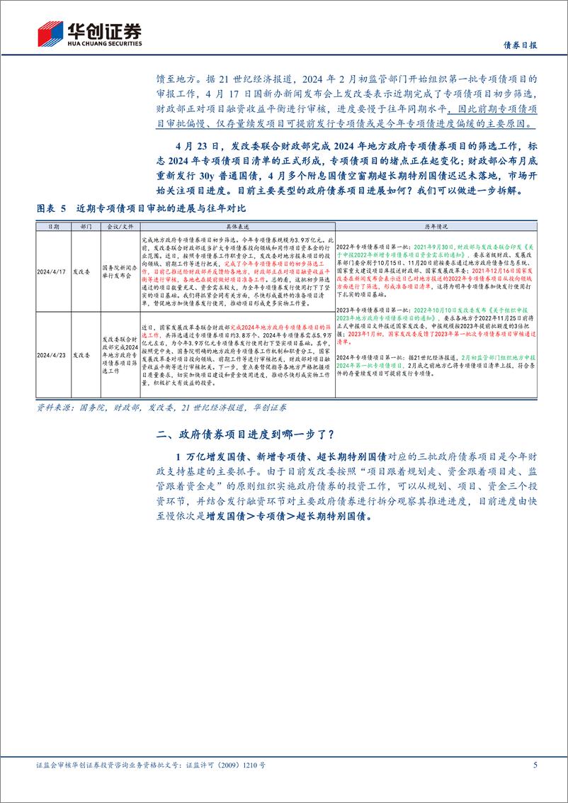 《【债券】债券：政府债券项目到哪一步了？全年能发完么？-240424-华创证券-13页》 - 第5页预览图