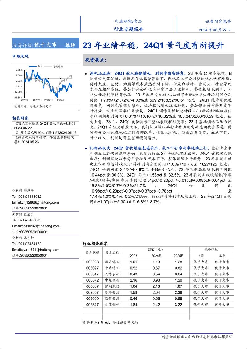 《食品行业专题报告：23年业绩平稳，24Q1景气度有所提升-240527-海通证券-40页》 - 第1页预览图