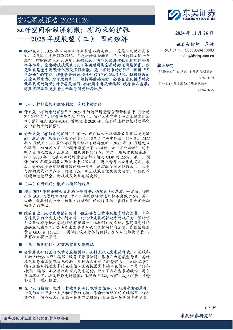 《2025年度展望(三)：国内经济，杠杆空间和经济刺激，有约束的扩张-241126-东吴证券-35页》 - 第1页预览图