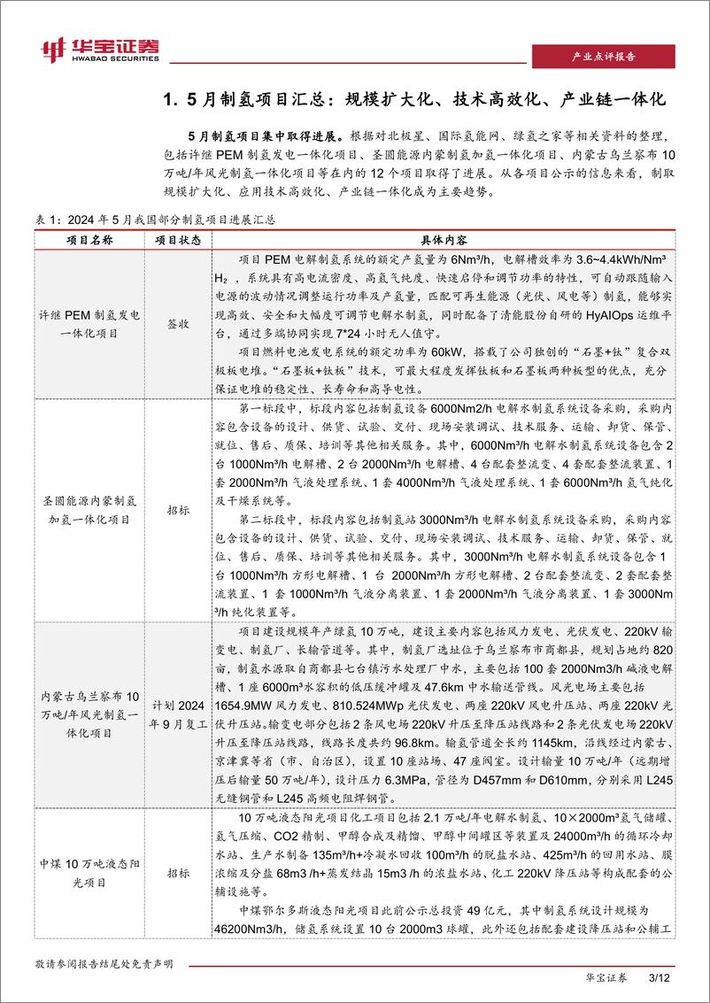 《氢能行业点评报告：5月制氢项目建设进度加快，大规模、高效、一体化有望成为未来趋势-240612-华宝证券-12页》 - 第3页预览图