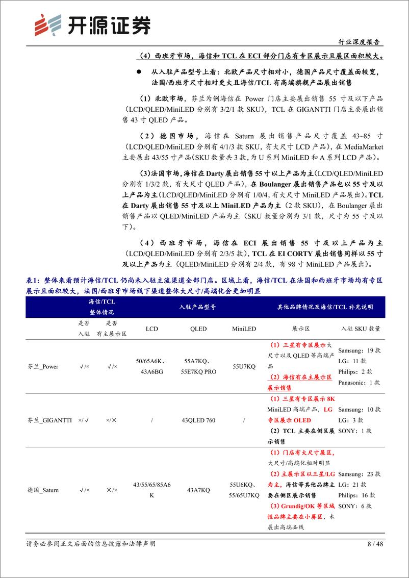 《黑色家电行业深度报告：彩电欧洲线下渠道实录：借助欧洲杯营销，TCL／海信加速扩张，渠道渗透率较三星提升空间大-240722-开源证券-48页》 - 第8页预览图