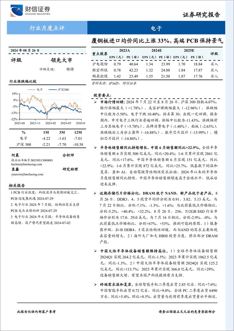 《电子行业月度点评：覆铜板进口均价同比上涨33%25，高端PCB保持景气-240826-财信证券-18页》 - 第1页预览图