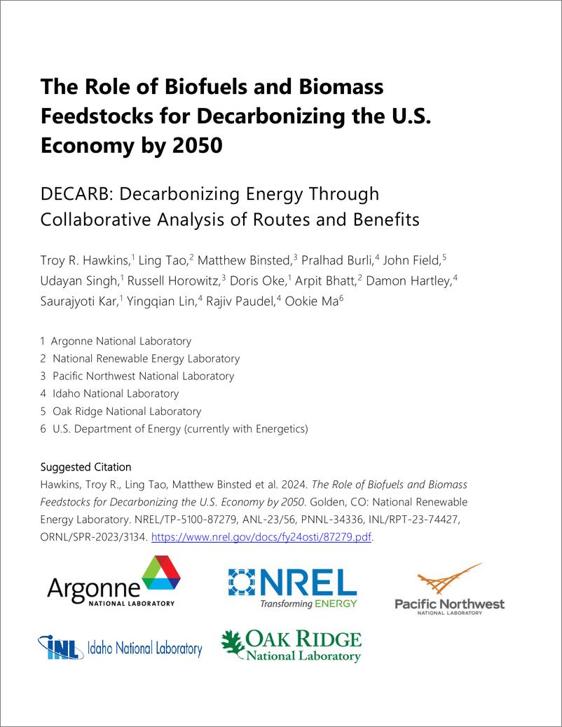 《NREL_生物燃料和生物质原料在2050年美国经济脱碳中的作用报告_英文版_》 - 第2页预览图
