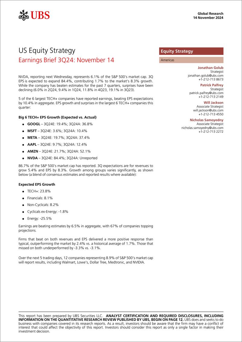 《UBS Equities-US Equity Strategy _Earnings Brief 3Q24 November 14_ Golub-111598547》 - 第1页预览图