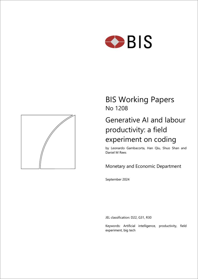 《国际清算银行-生成性人工智能与劳动生产率：编码的现场实验（英）-2024.9-18页》 - 第1页预览图