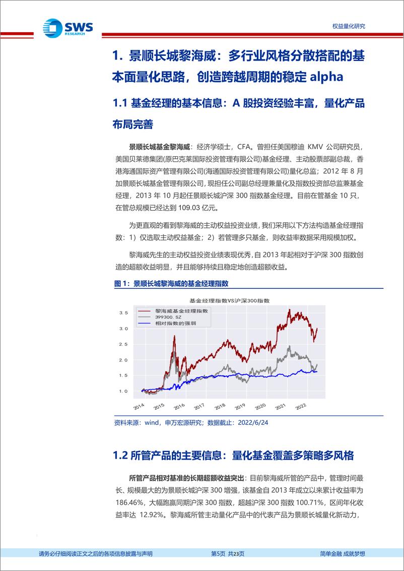 《基金经理研究系列报告之三十二：景顺长城黎海威，多行业风格分散搭配的基本面量化思路，创造跨越周期的稳定 alpha-20220718-申万宏源-23页》 - 第6页预览图