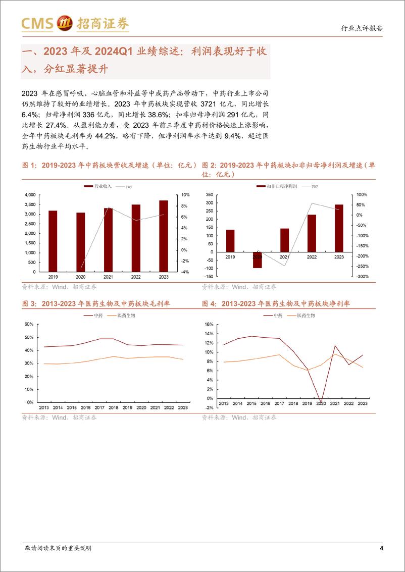 《2023年及2024Q1中药行业业绩点评：平稳度过高基数压力，盈利水平和分红显著提升-240516-招商证券-12页》 - 第4页预览图