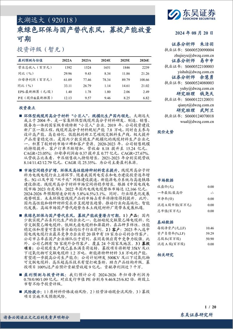 《太湖远大(920118)乘绿色环保与国产替代东风，募投产能放量可期-240820-东吴证券-20页》 - 第1页预览图