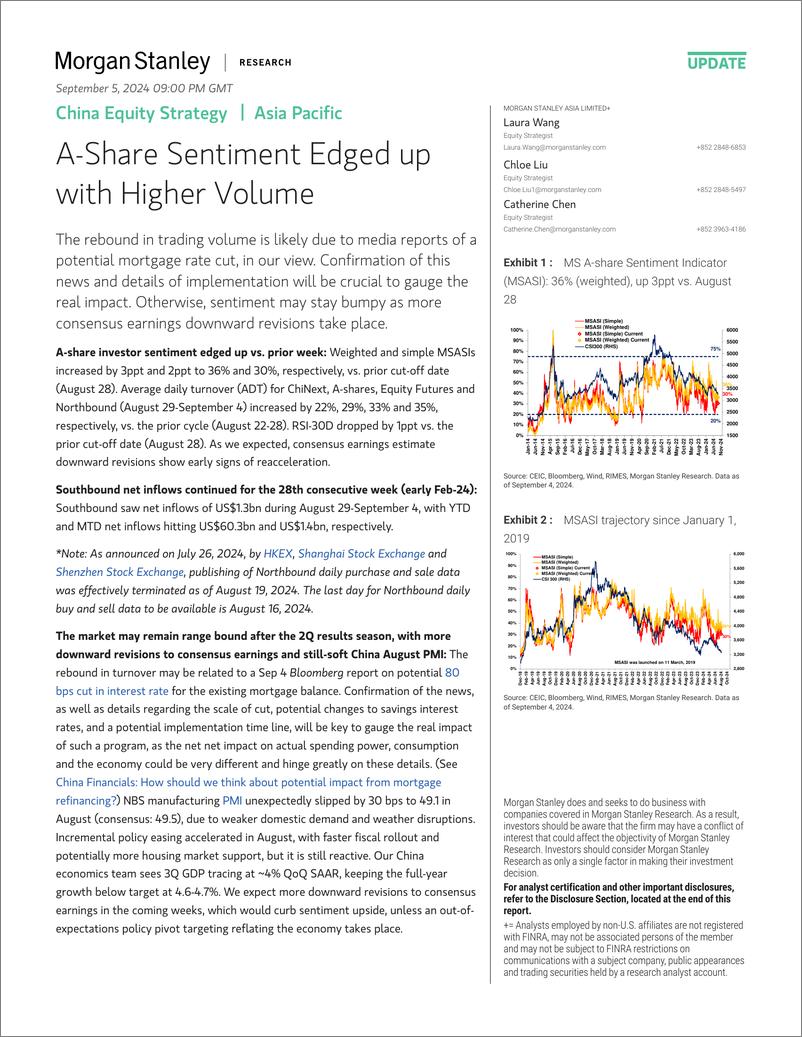 《Morgan Stanley-China Equity Strategy A-Share Sentiment Edged up with Highe...-110205607》 - 第1页预览图