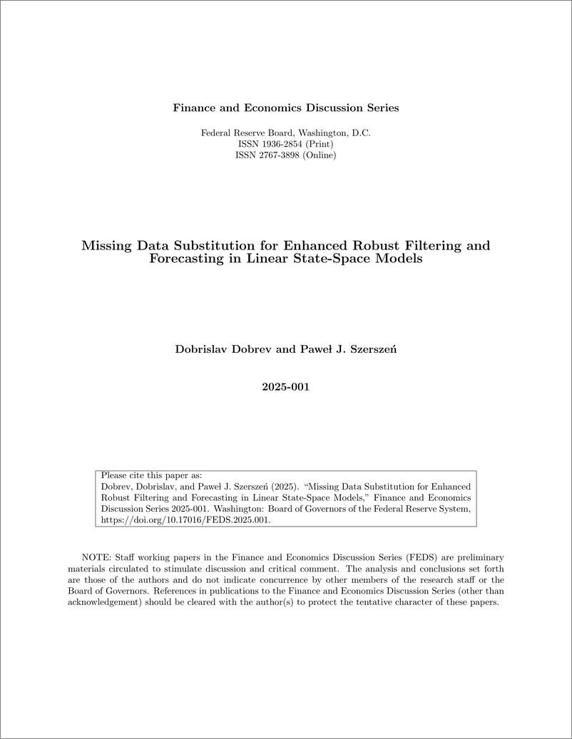 《美联储-线性状态空间模型中增强鲁棒滤波和预测的缺失数据替换（英）-2025.1-38页》 - 第1页预览图