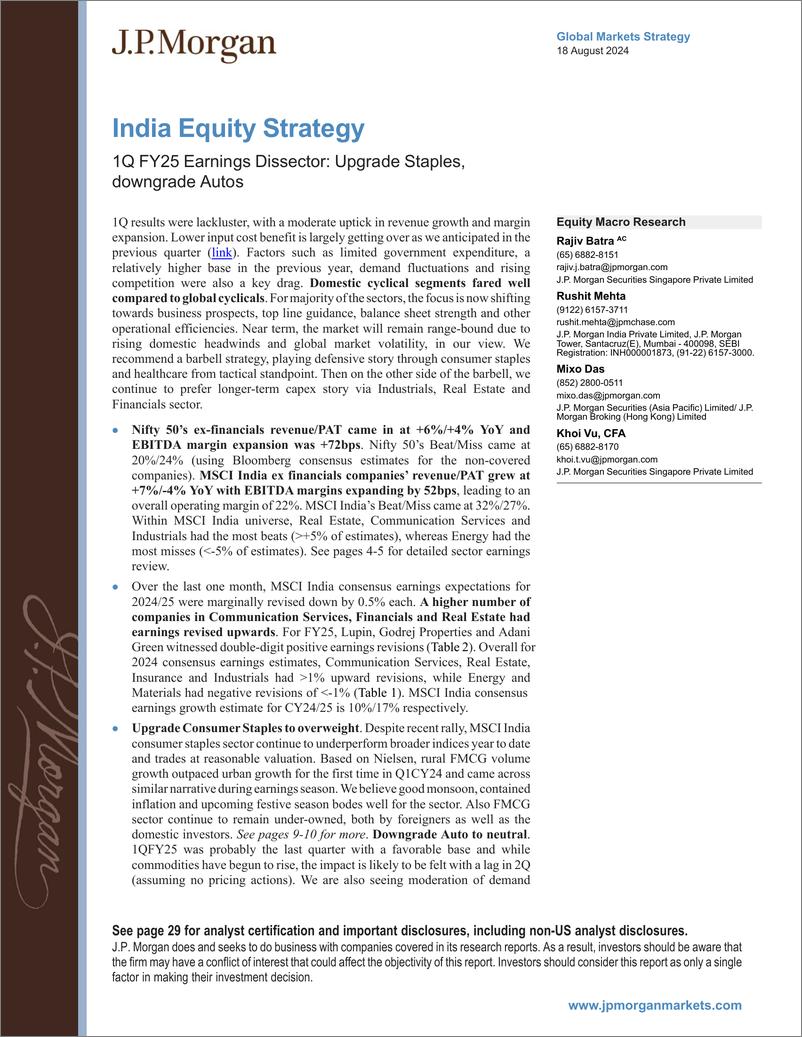 《JPMorgan-India Equity Strategy 1Q FY25 Earnings Dissector Upgrade St...-109913200》 - 第1页预览图