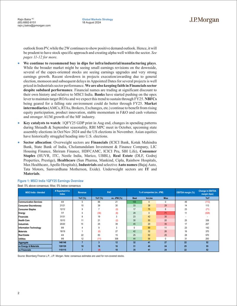 《JPMorgan-India Equity Strategy 1Q FY25 Earnings Dissector Upgrade St...-109913200》 - 第2页预览图