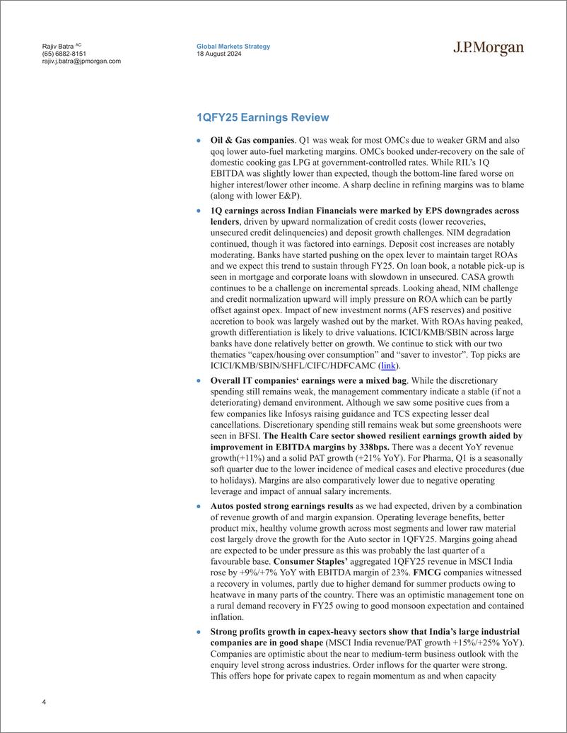 《JPMorgan-India Equity Strategy 1Q FY25 Earnings Dissector Upgrade St...-109913200》 - 第4页预览图