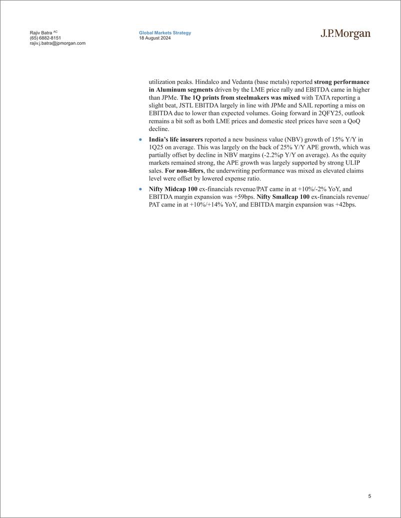 《JPMorgan-India Equity Strategy 1Q FY25 Earnings Dissector Upgrade St...-109913200》 - 第5页预览图