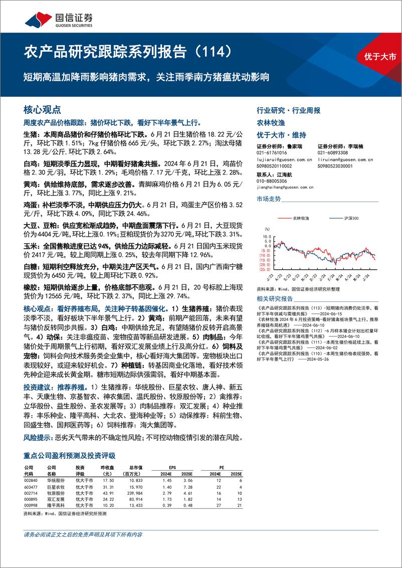 《农林牧渔行业农产品研究跟踪系列报告(114)：短期高温加降雨影响猪肉需求，关注雨季南方猪瘟扰动影响-240622-国信证券-26页》 - 第1页预览图