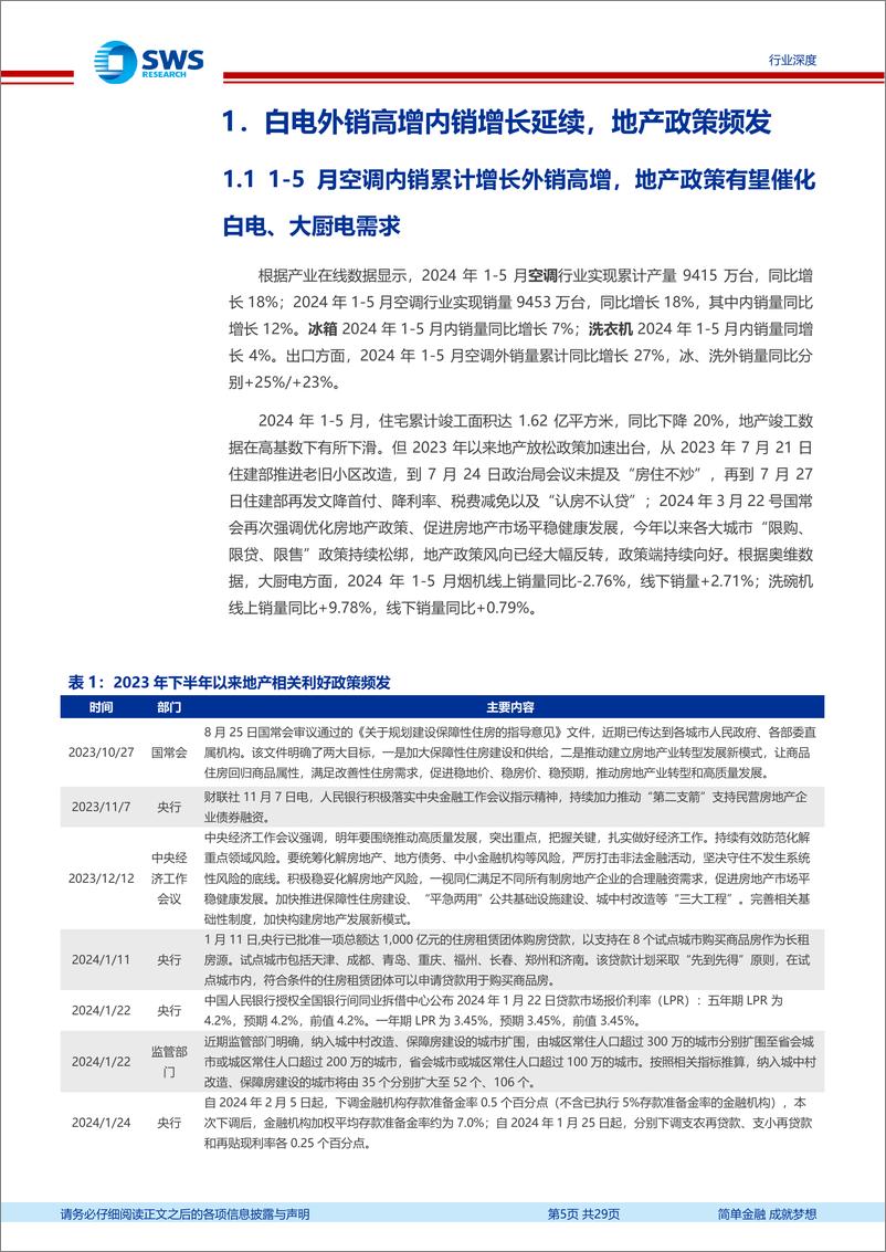 《家电行业2024年二季报业绩前瞻：白电延续增长趋势，地产政策持续刺激带动厨电景气度恢复-240708-申万宏源-29页》 - 第5页预览图