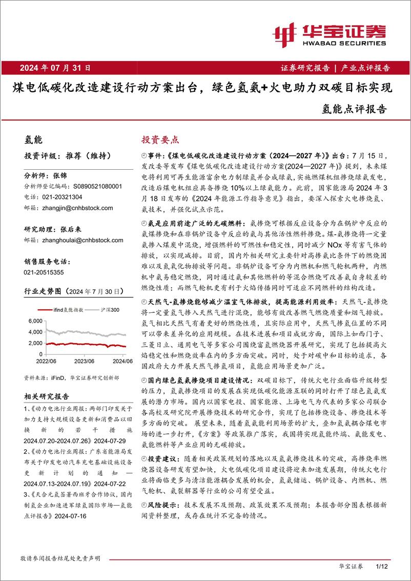 《氢能行业点评报告：煤电低碳化改造建设行动方案出台，绿色氢氨%2b火电助力双碳目标实现-240731-华宝证券-12页》 - 第1页预览图