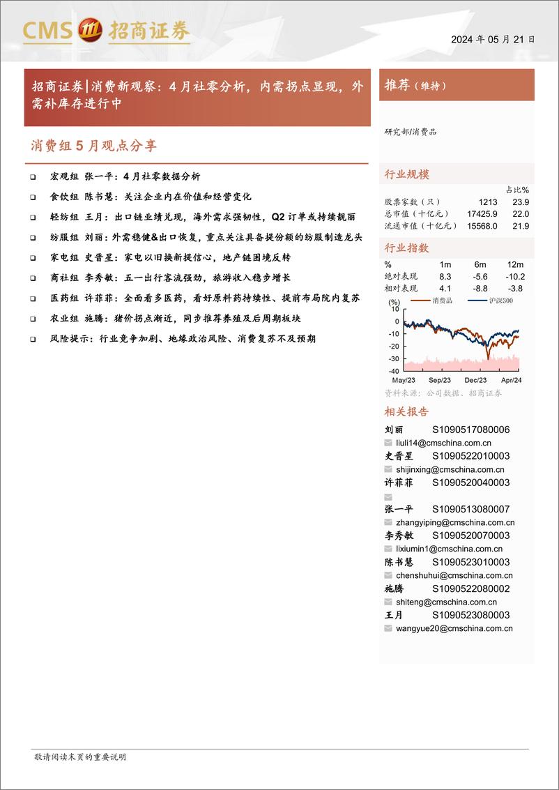 《消费品行业消费组5月观点分享-消费新观察：4月社零分析，内需拐点显现，外需补库存进行中-240521-招商证券-13页》 - 第1页预览图