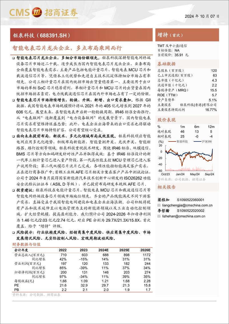 《钜泉科技(688391)智能电表芯片龙头企业，多点布局乘网而行-241007-招商证券-42页》 - 第1页预览图